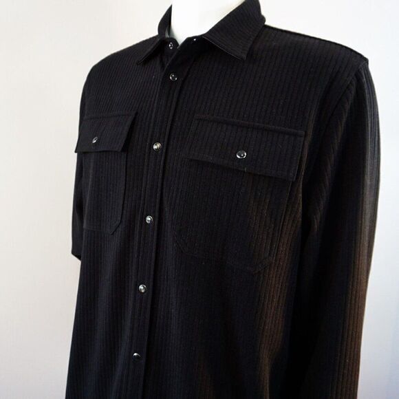 Karl Lagerfeld Men Sz L Shirt Jacket Black Ribbed Knit Snap Buttons Leather Trim - Picture 4 of 12